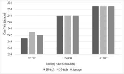 Figure 3. Effects of row spacing and seeding rate on the average yield of 45 corn products tested in Atlantic, Storm Lake, Huxley, and Victor, Iowa (2019).  
